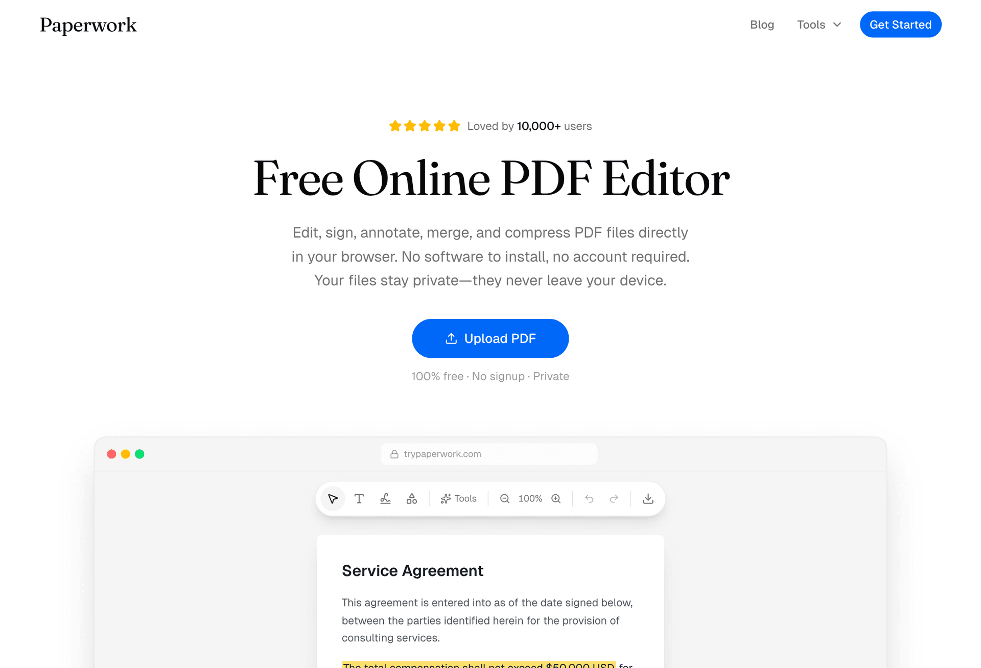 Paperwork free PDF editor homepage